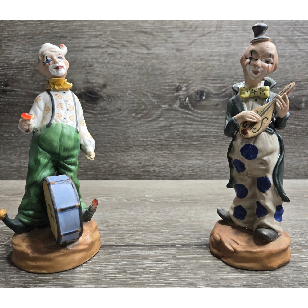 Vintage JT Club Clown Musician Figurines Drum Mandolin Ceramic Lot of 2 8in